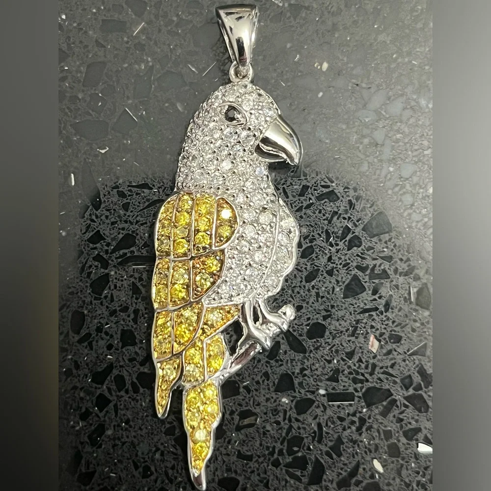 JTV canary yellow black CZ parrot macaw sterling silver gold pendant slide omega